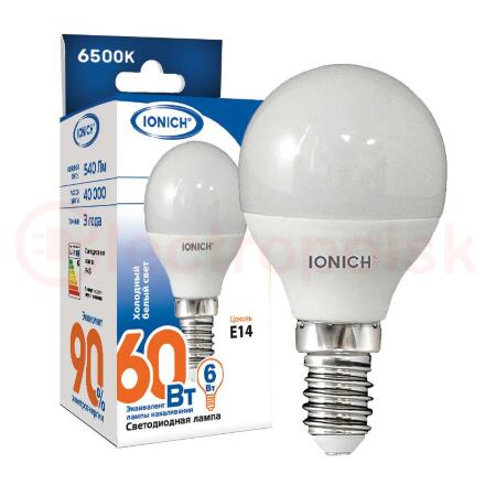 Лампа светодиодная LED 6w 6500К, E14, 540Лм, матовая, шар IONICH