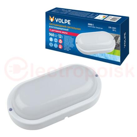 ULW-Q215 12W/4000K SENSOR IP65 WHITE Светильник светодиодный влагозащищенный, с датчиком звука. Овал. Белый свет (4000K). 960Лм. 178Х86мм. Корпус белый. ТМ Volpe