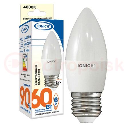 Лампа светодиодная LED 6w 4000К, E27, 540Лм, матовая свеча IONICH