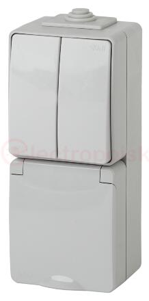 Блок розетка+выкл. двойн. верт. IP65, 16A(10AX)-250В, ОУ, Эра Эксперт, серый, 11-7608-03
