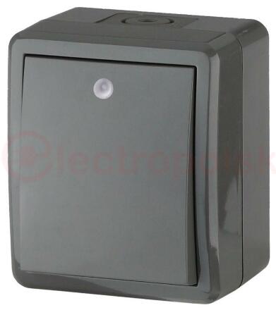 Выключатель с подсветкой IP54, 10АХ-250В, ОУ, Эра Эксперт, серый,11-1402-03