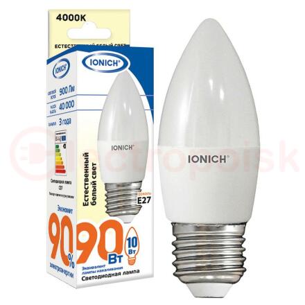 Лампа светодиодная LED 10w 4000К, E27, 900Лм, матовая свеча IONICH