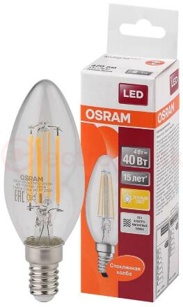 Лампа светодиодная LED 4Вт Е14 FILAMENT CLB40, тепло-бел, прозр.свеча OSRAM
