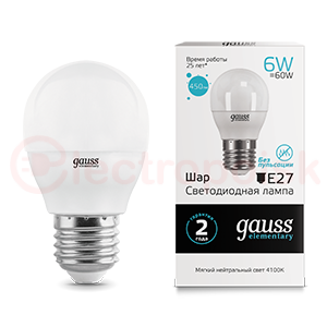 Лампа светодиодная LED 6 Вт 450 Лм 4100К белая Е27 Шар Elementary Gauss