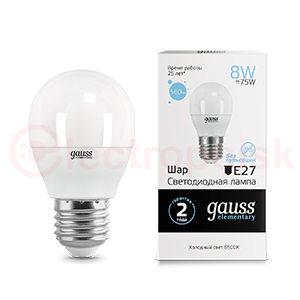 Лампа светодиодная LED 8 Вт 560 Лм 6500К холодная Е27 Шар Elementary Gauss