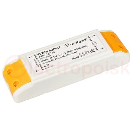 Блок питания ARV-24036 (24V, 1.5A, 36W) (ARL, IP20 Пластик, 2 года)