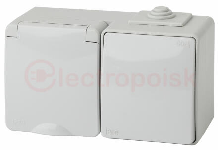 Блок розетка+выкл. гориз. IP65, 16A(10AX)-250В, ОУ, Эра Эксперт, серый, 11-7601-03