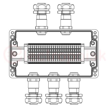Взрывозащищенная клеммная коробка из полиэстера TBE-P-04-(25xHMM.2)-2xKAEPM2MHK-20(A)-3xKAEPM2MHK-20(C)1Ex e IIC Т5 Gb / Ex tb IIIC T95°C Db IP66 / ШЗ / КЗ
