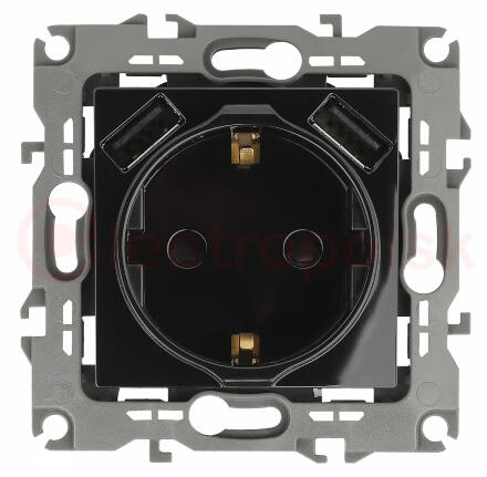 Розетка 2P+E 16A-250В, штор. с 2xUSB 5В-3А, Эра12, чёрный (10/100/2000) 12-4109-06 ЭРА