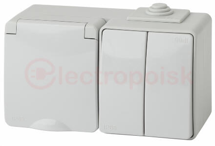 Блок розетка+выкл. двойн. гориз. IP65, 16A(10AX)-250В, ОУ, Эра Эксперт, серый, 11-7602-03