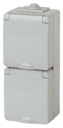 Розетка 2х2P+E верт. IP65, шторки, 16A-250В, ОУ, Эра Эксперт, серый, 11-2608-03