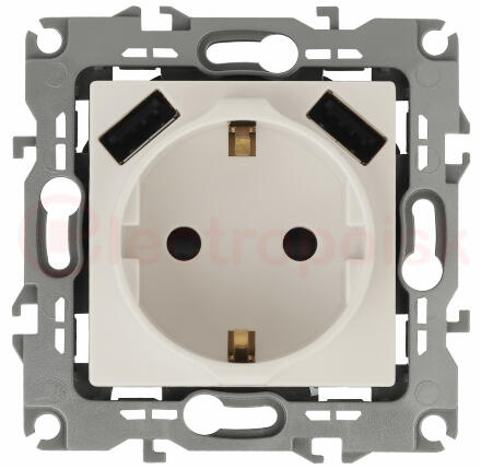 Розетка 2P+E 16A-250В, штор. с 2xUSB 5В-3А, Эра12, слоновая кость (10/100/2000) 12-4109-02 ЭРА