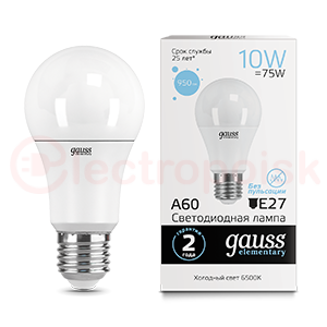 Лампа светодиодная LED 10 Вт 950 Лм 6500К холодная Е27 А60 Elementary Gauss