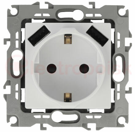 Розетка 2P+E 16A-250В, штор. с 2xUSB 5В-3А, Эра12, белый (10/100/2000) 12-4109-01 ЭРА