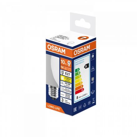 Лампа светодиодная 10Вт 806Лм 2700К Е27 шар 170-250В OSRAM LONG LIFE