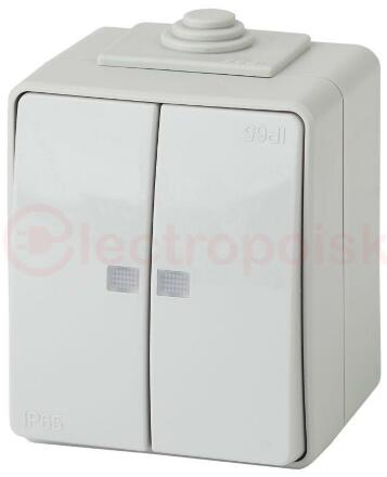 Выключатель двойной с подсветкой IP65, 10АХ-250В, ОУ, Эра Эксперт, серый,11-1605-03