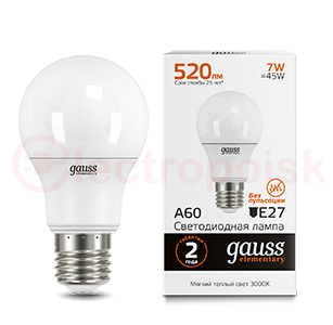 Лампа светодиодная LED 7 Вт 520 Лм 3000К теплая E27 A60 Elementary Gauss