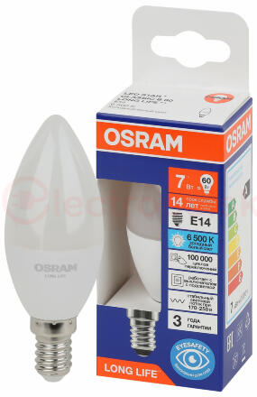 Лампа светодиодная LED 7Вт Е14 6500К 600Лм свеча 220В (замена 60Вт) OSRAM