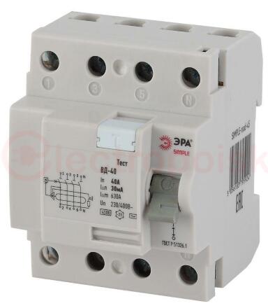 SIMPLE-mod-45 ЭРА SIMPLE Устройство защитного отключения УЗО ВД-40 4P 40А/30мА (электронное)