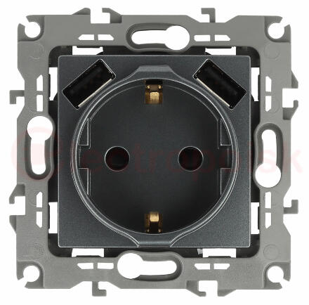 Розетка 2P+E 16A-250В, штор. с 2xUSB 5В-3А, Эра12, графит (10/100/2000) 12-4109-12 ЭРА