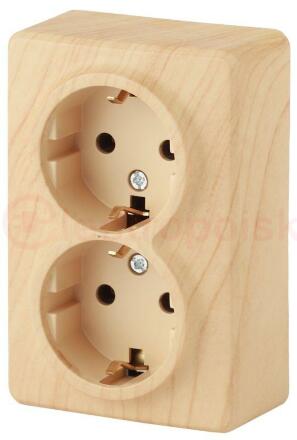 Розетка 2х2P+E Schuko, 16A-250В, ОУ, Эра Эксперт, сосна, 11-2205-11