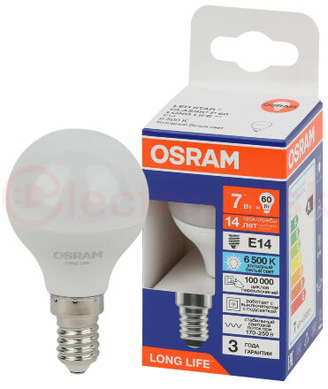 Лампа светодиодная LED 7Вт Е14 6500К 600Лм шар 220В (замена 60Вт) OSRAM