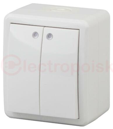 Выключатель двойной с подсветкой IP54, 10АХ-250В, ОУ, Эра Эксперт, белый,11-1405-01