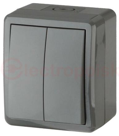 Выключатель двойной IP54, 10АХ-250В, ОУ, Эра Эксперт, серый,11-1404-03