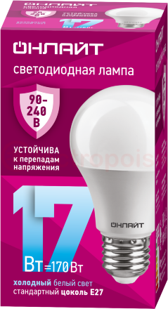 Лампа светодиодная 17вт OLL-A60-17-230-6.5K-E27 PRO 90-240В ОНЛАЙТ